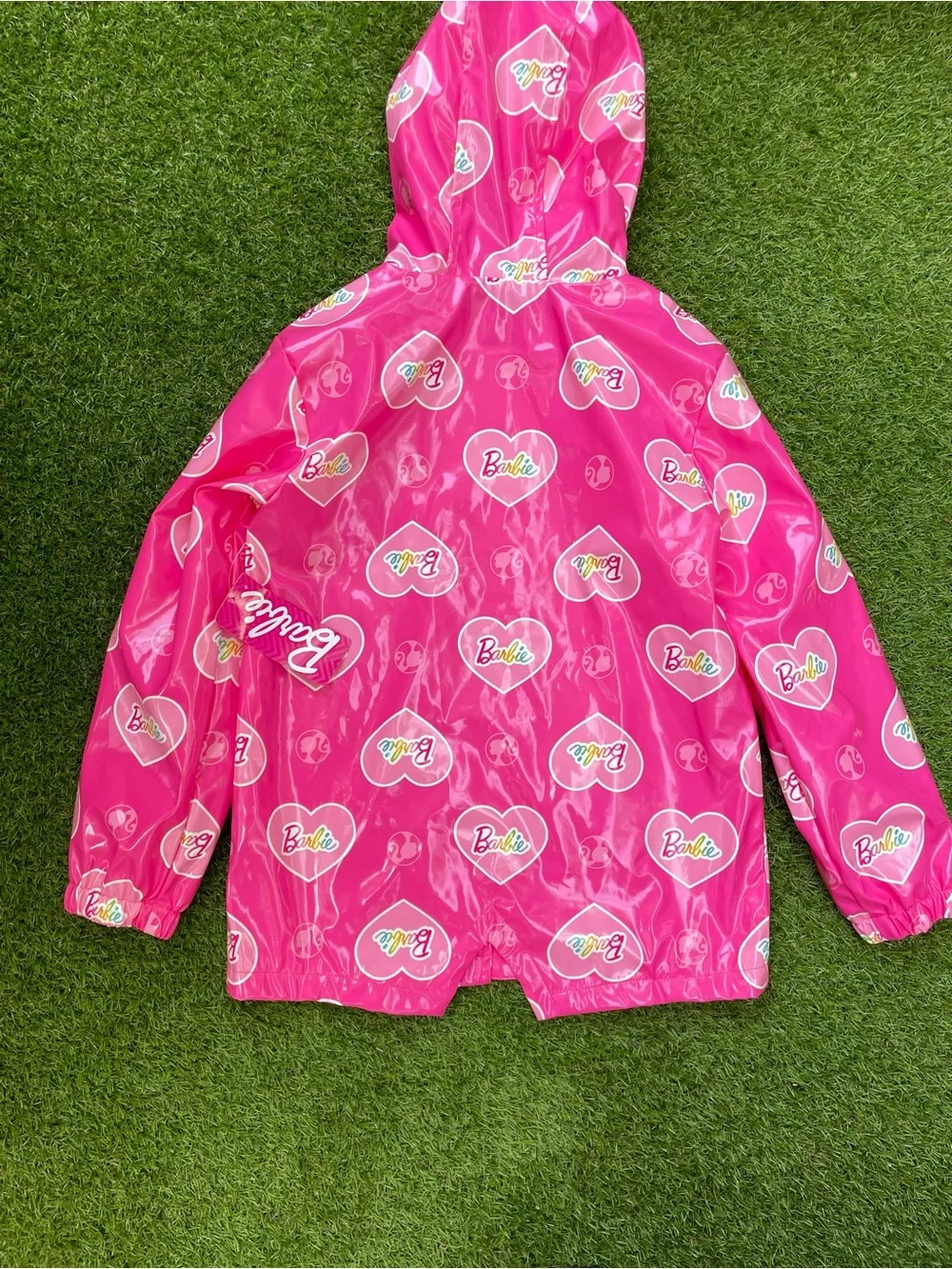 Barbie Bright Pink Hooded Raincoat with Heart Logo Print